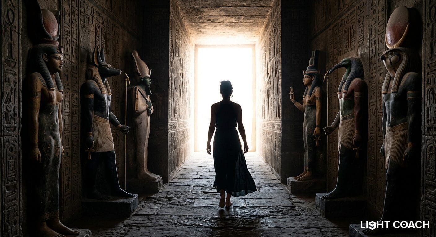 Silhouette of woman in Egyptian temple corridor