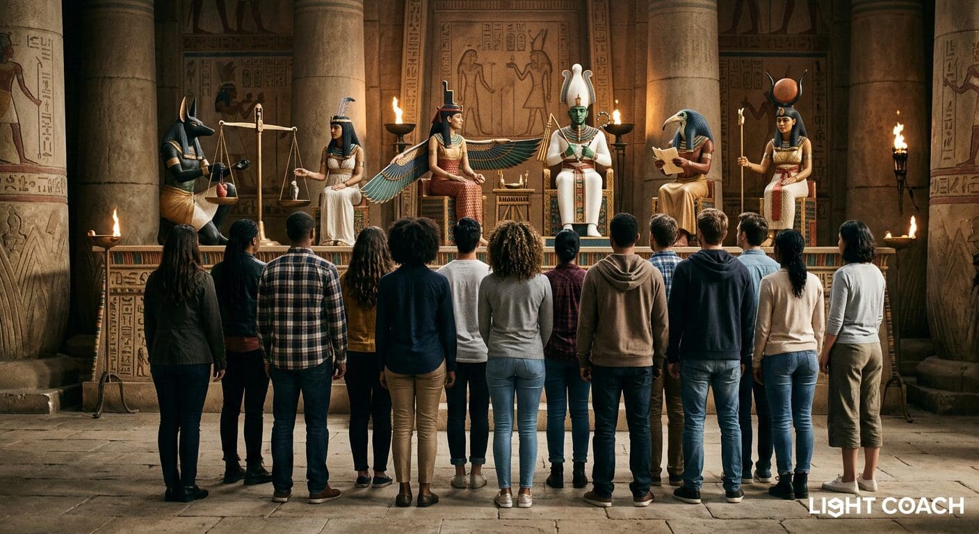 Group observing ancient Egyptian gods in temple