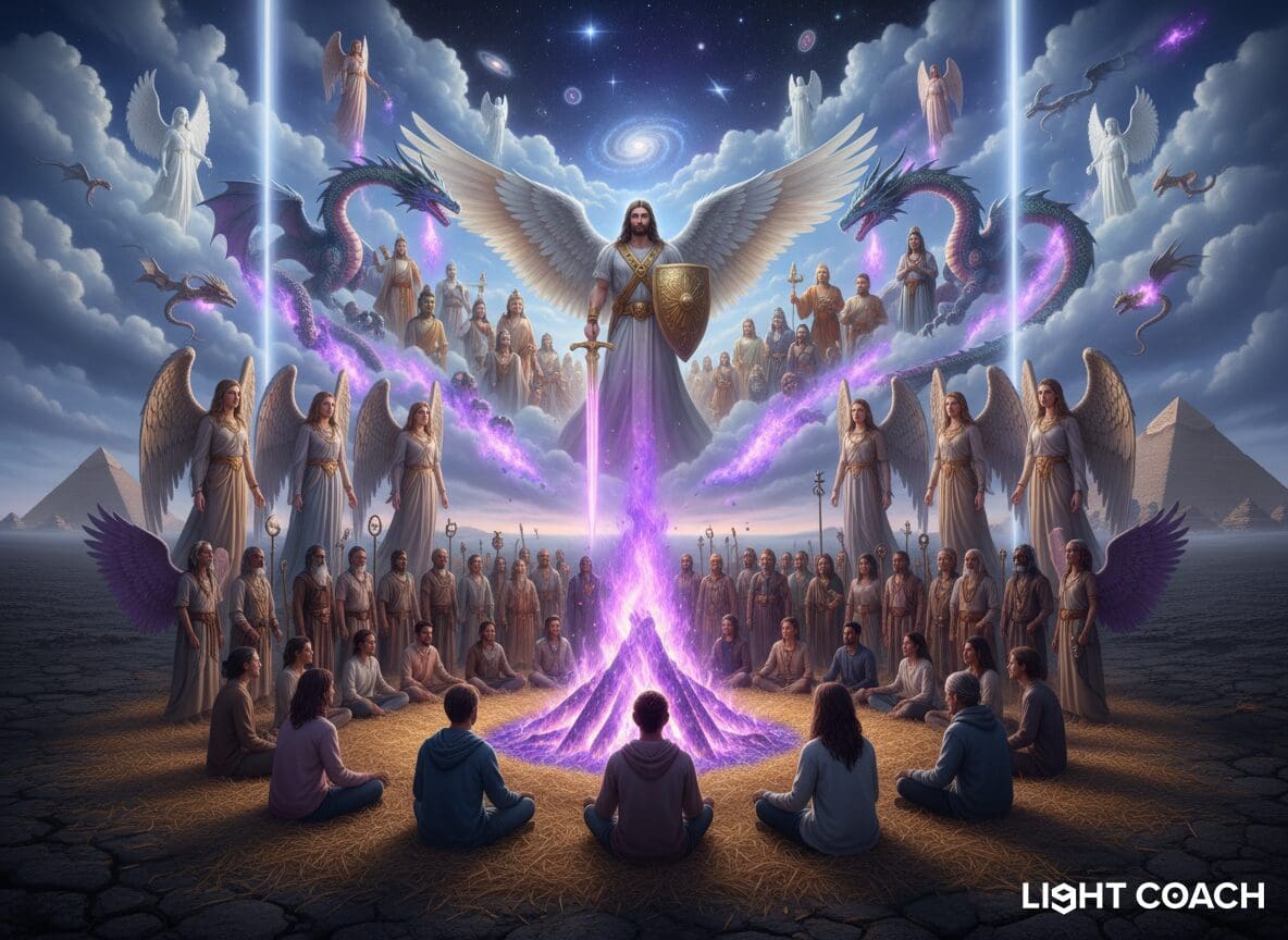 Pilgrims encircling a swirling purple flame
