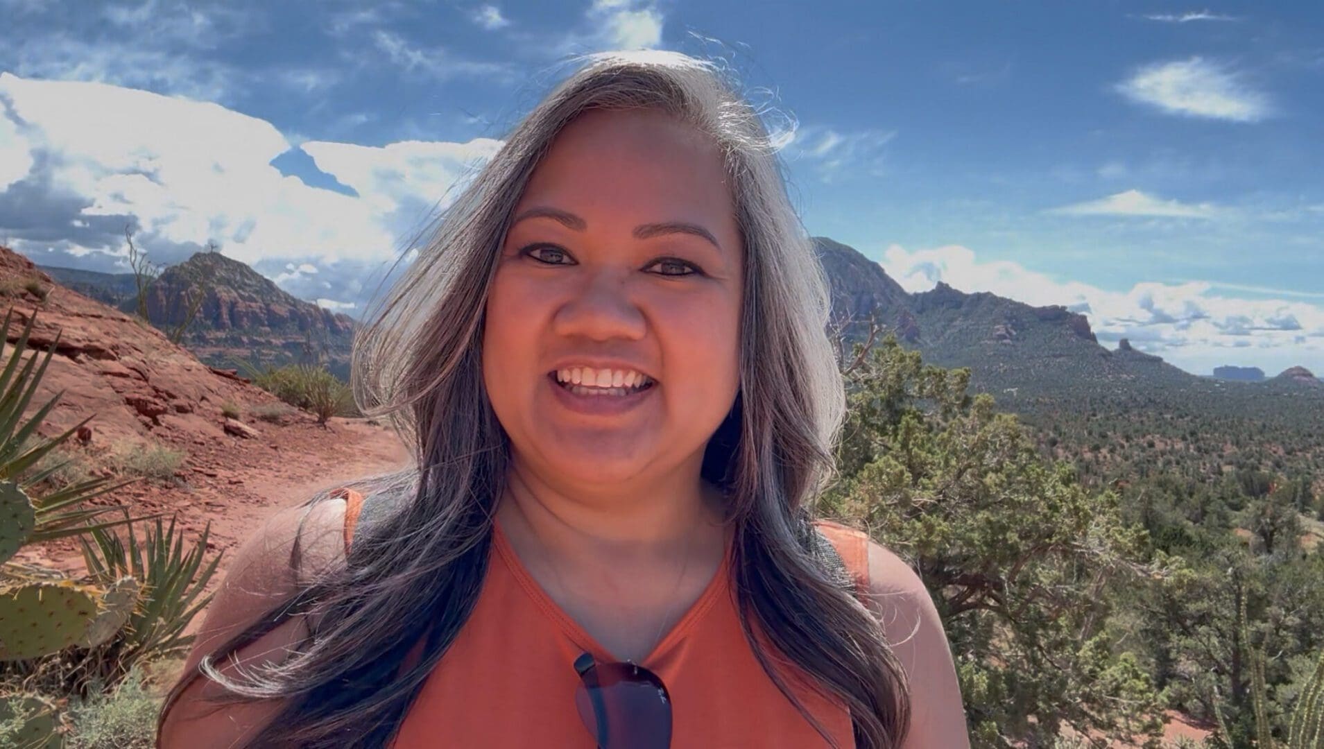 Close-up selfie with Sedona red rocks