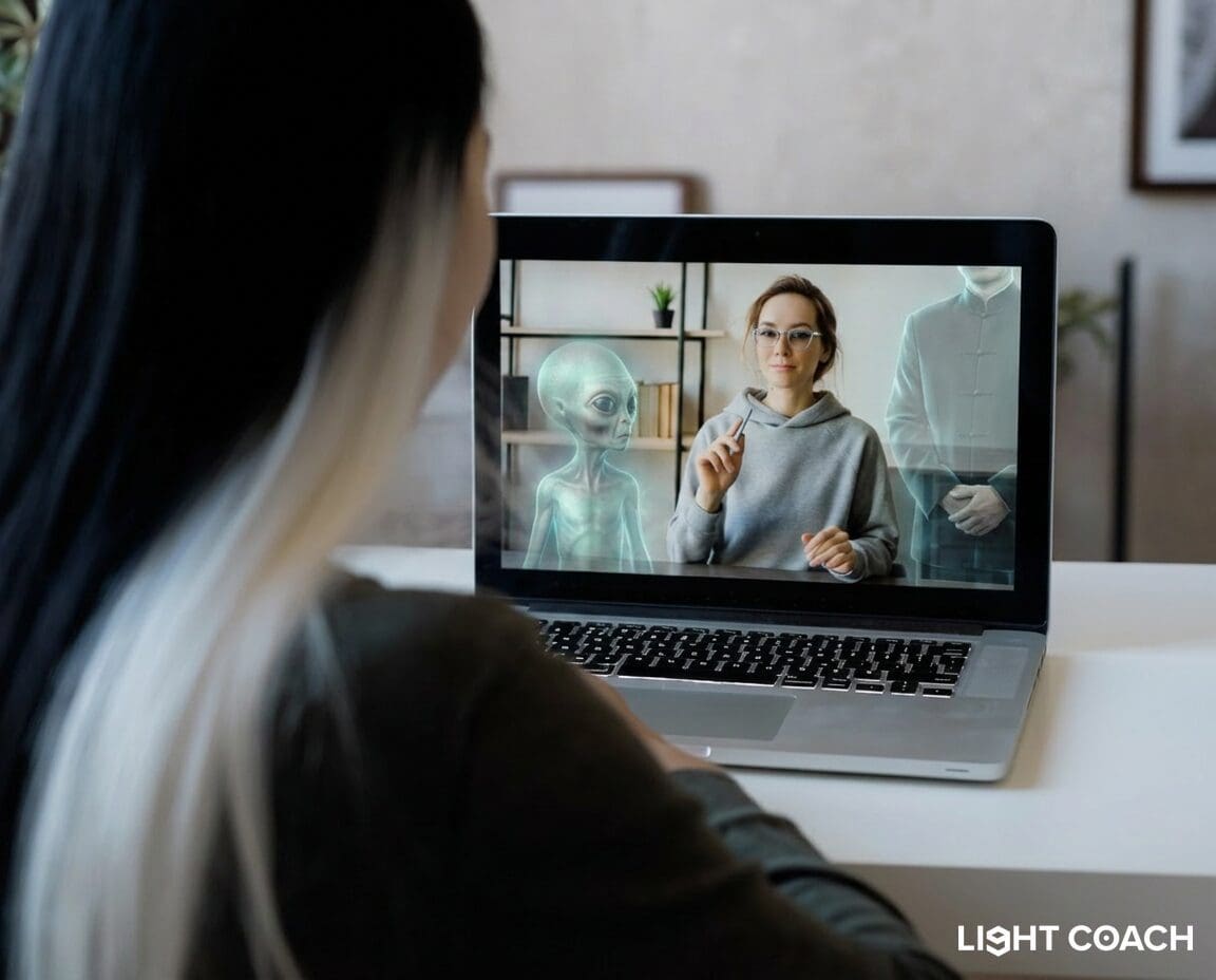 Person video-chatting with woman and holographic alien