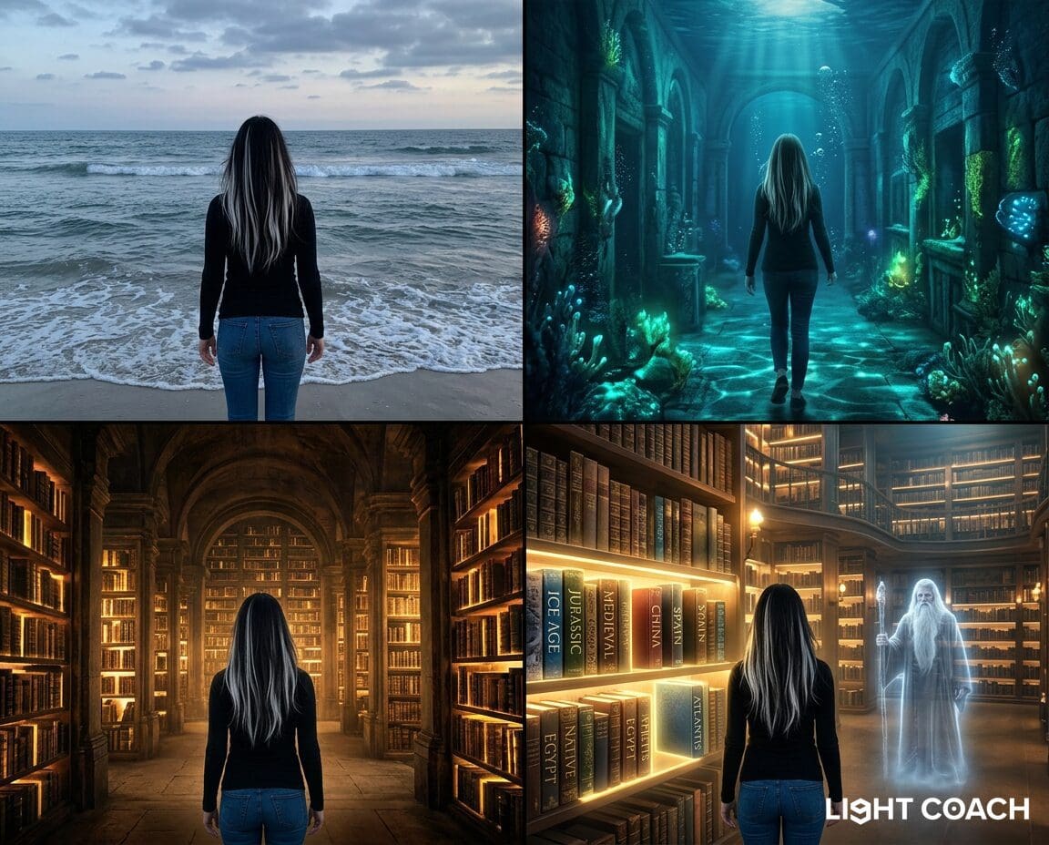 Woman facing ocean, underwater ruins, libraries, ghost