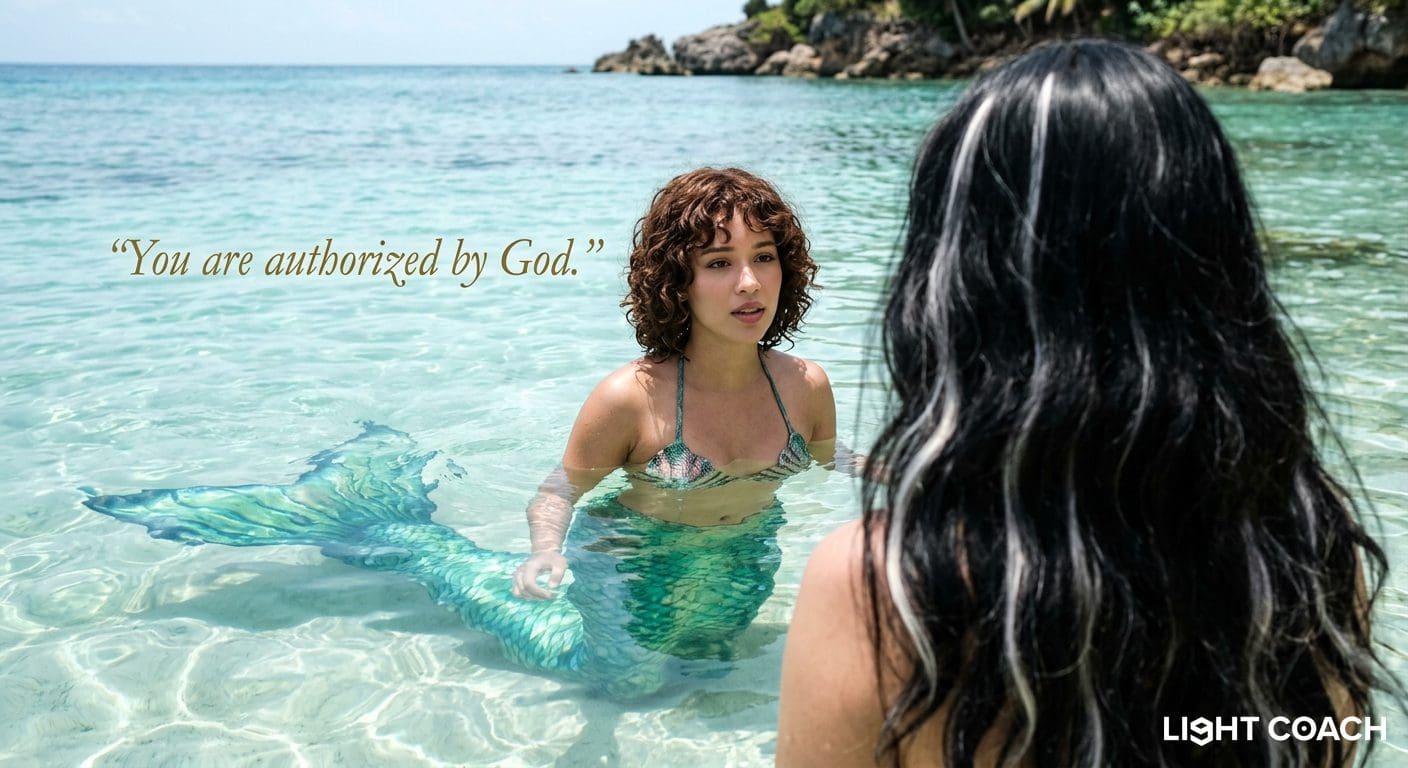 Mermaid in clear water talking to woman