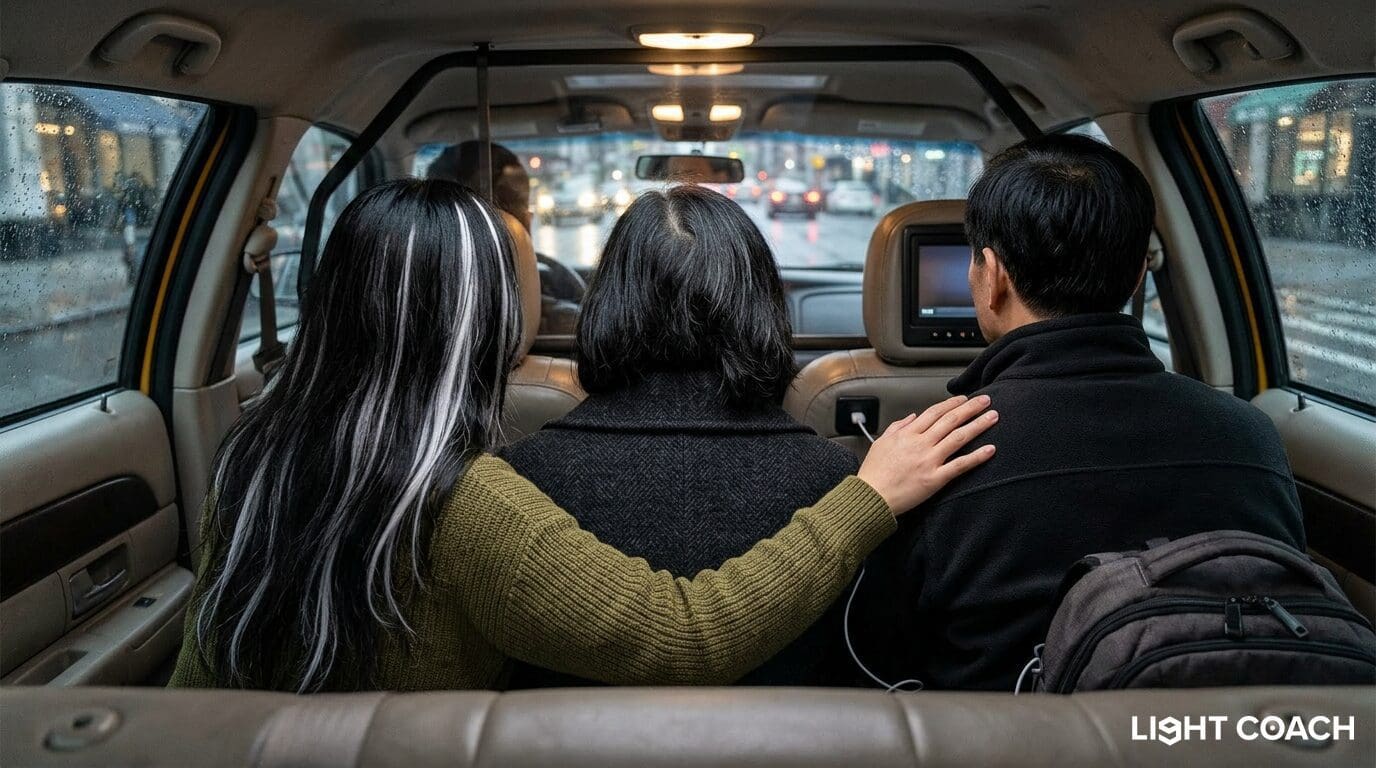 Three passengers in a rainy taxi backseat