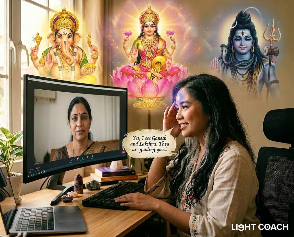 Woman on video call with Hindu deities