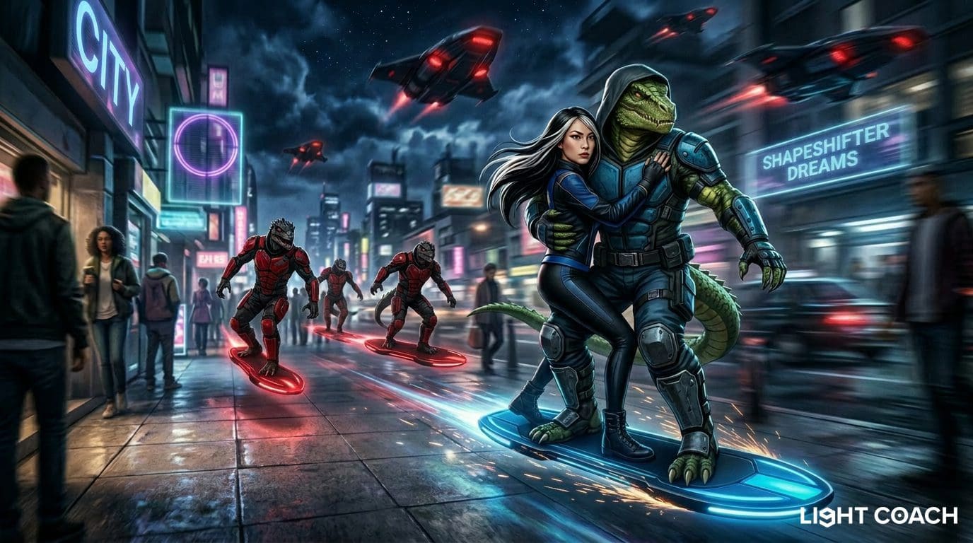 Woman and reptilian humanoid on glowing hoverboard
