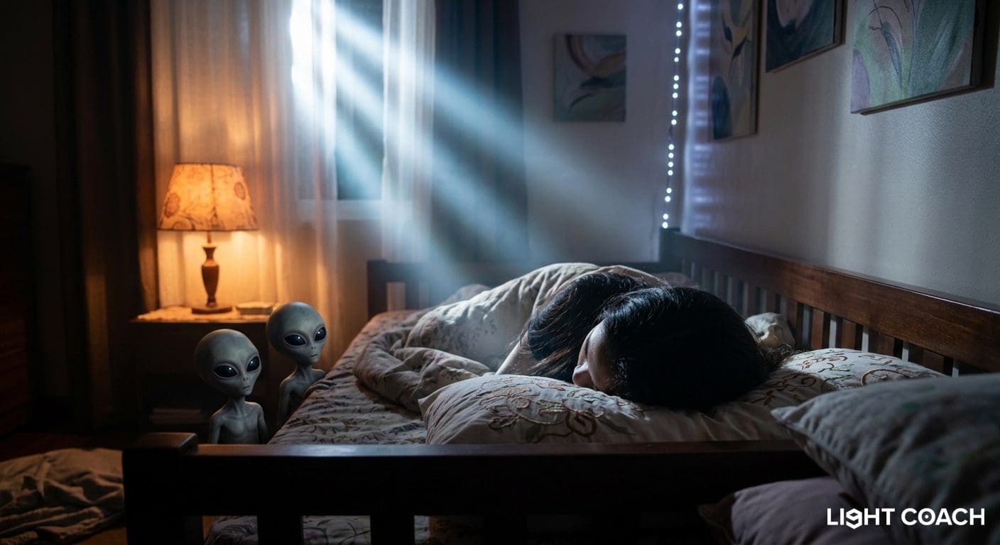 Sleeping person in bed with two aliens