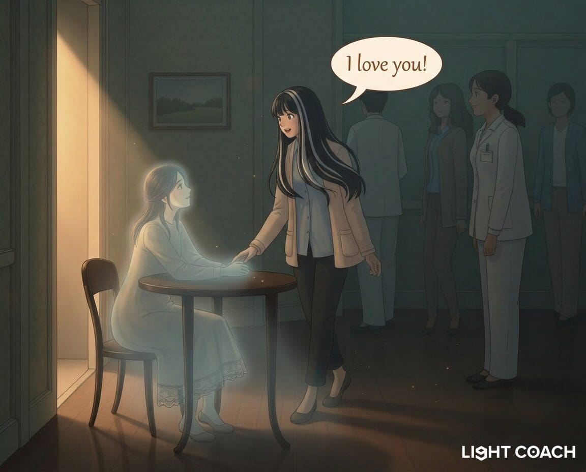 Woman holding hands with glowing spirit
