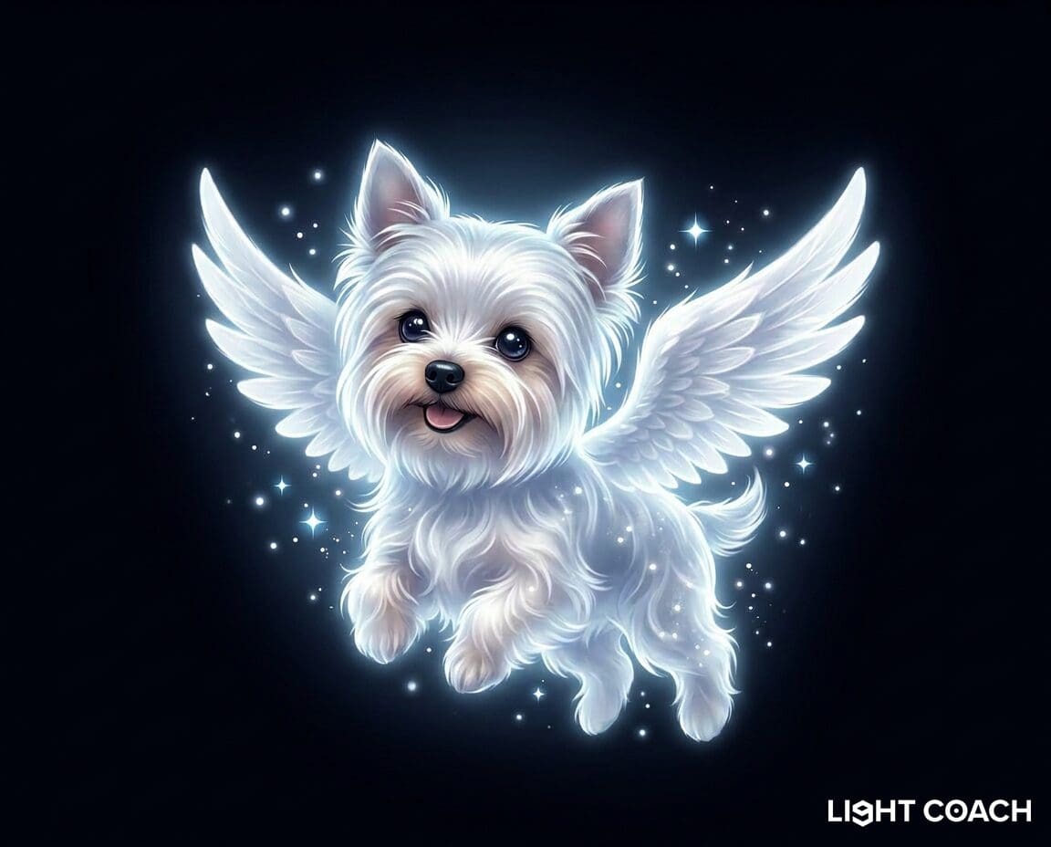 White fluffy dog with angel wings