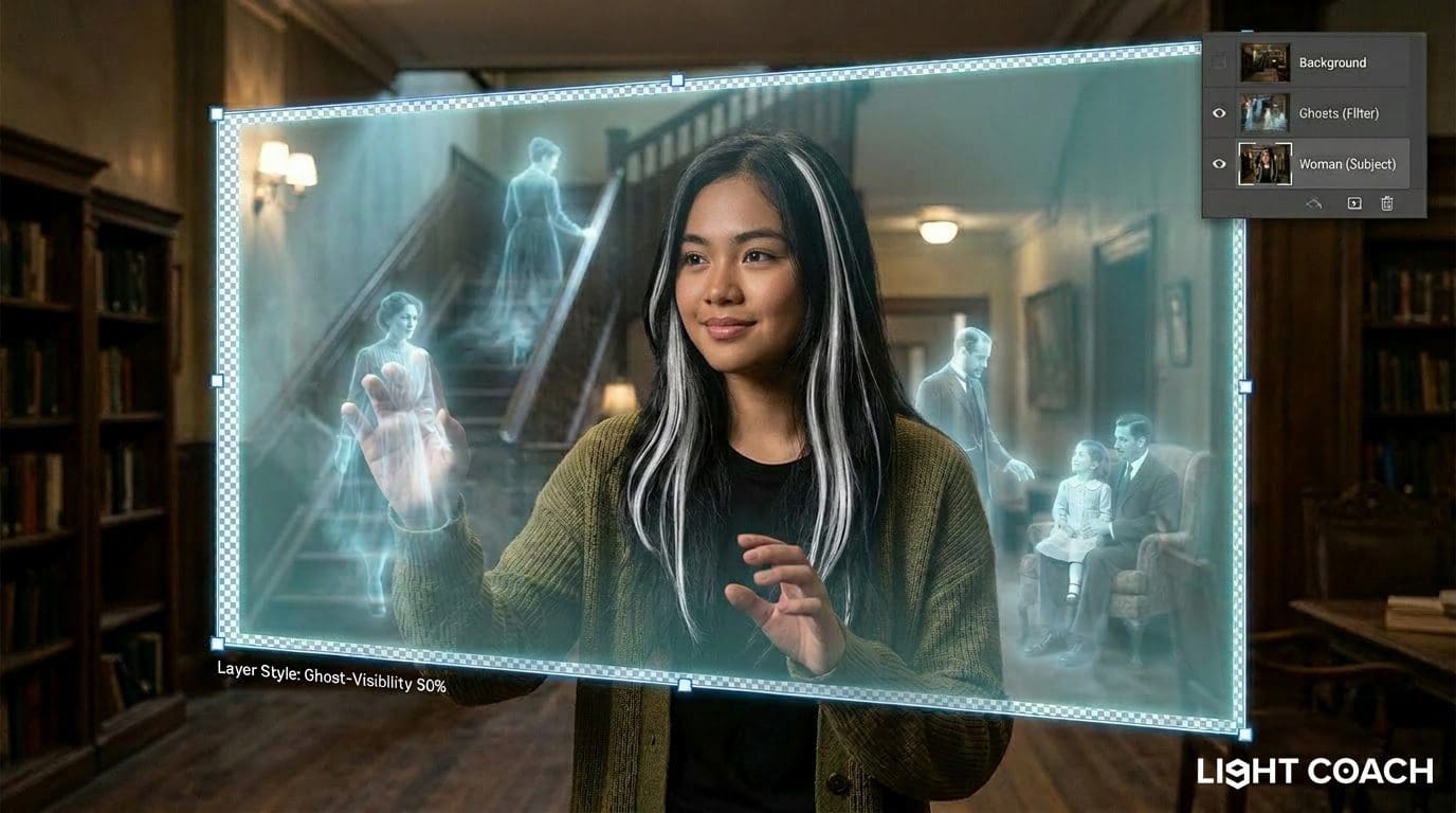 Woman interacting with holographic ghost figures