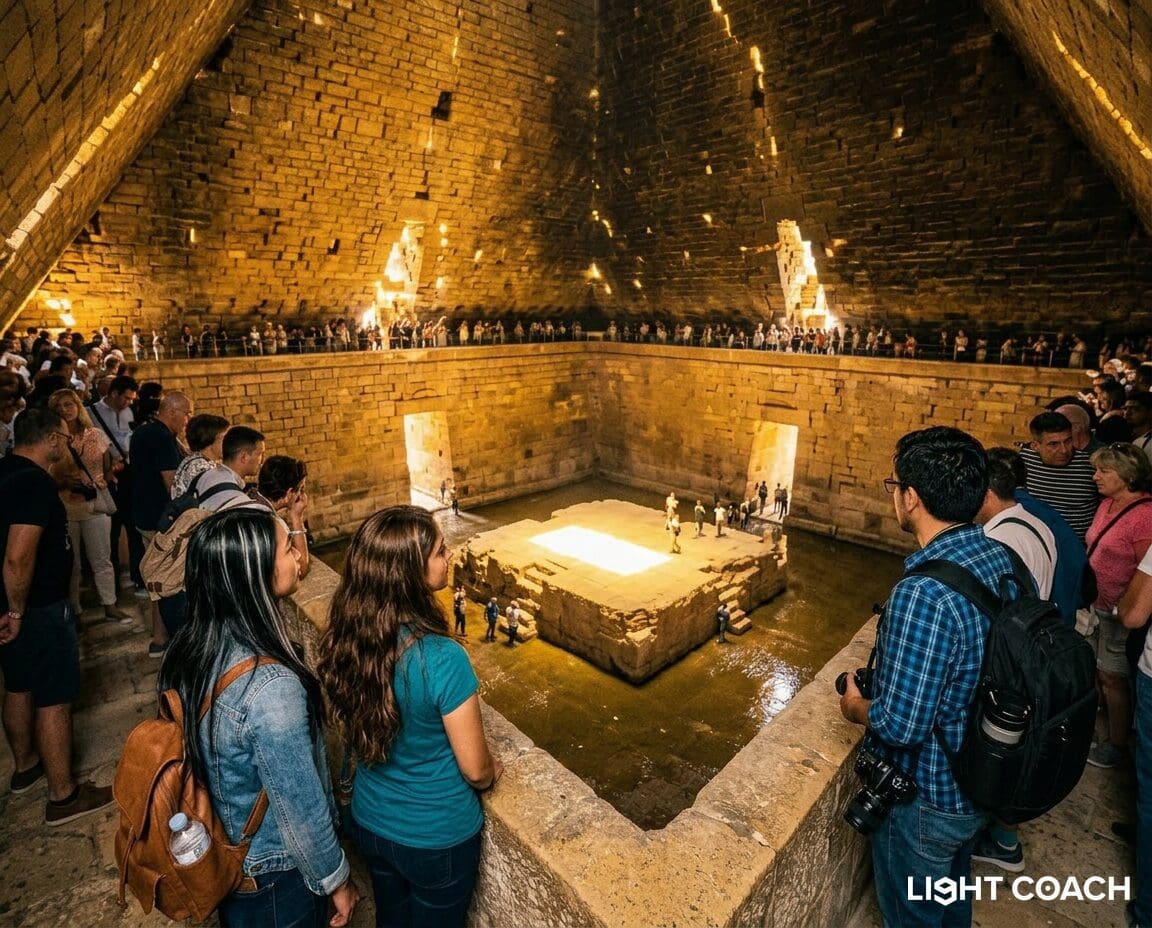 Crowd observing sunlit stone chamber inside pyramid