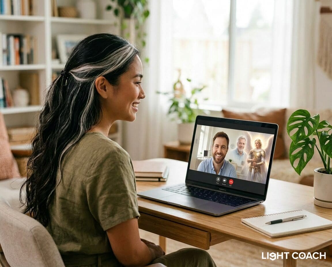 Woman smiling during video call at desk