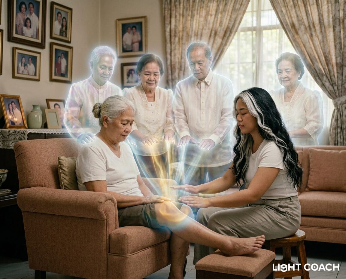 Woman performing energy healing with ancestral spirits