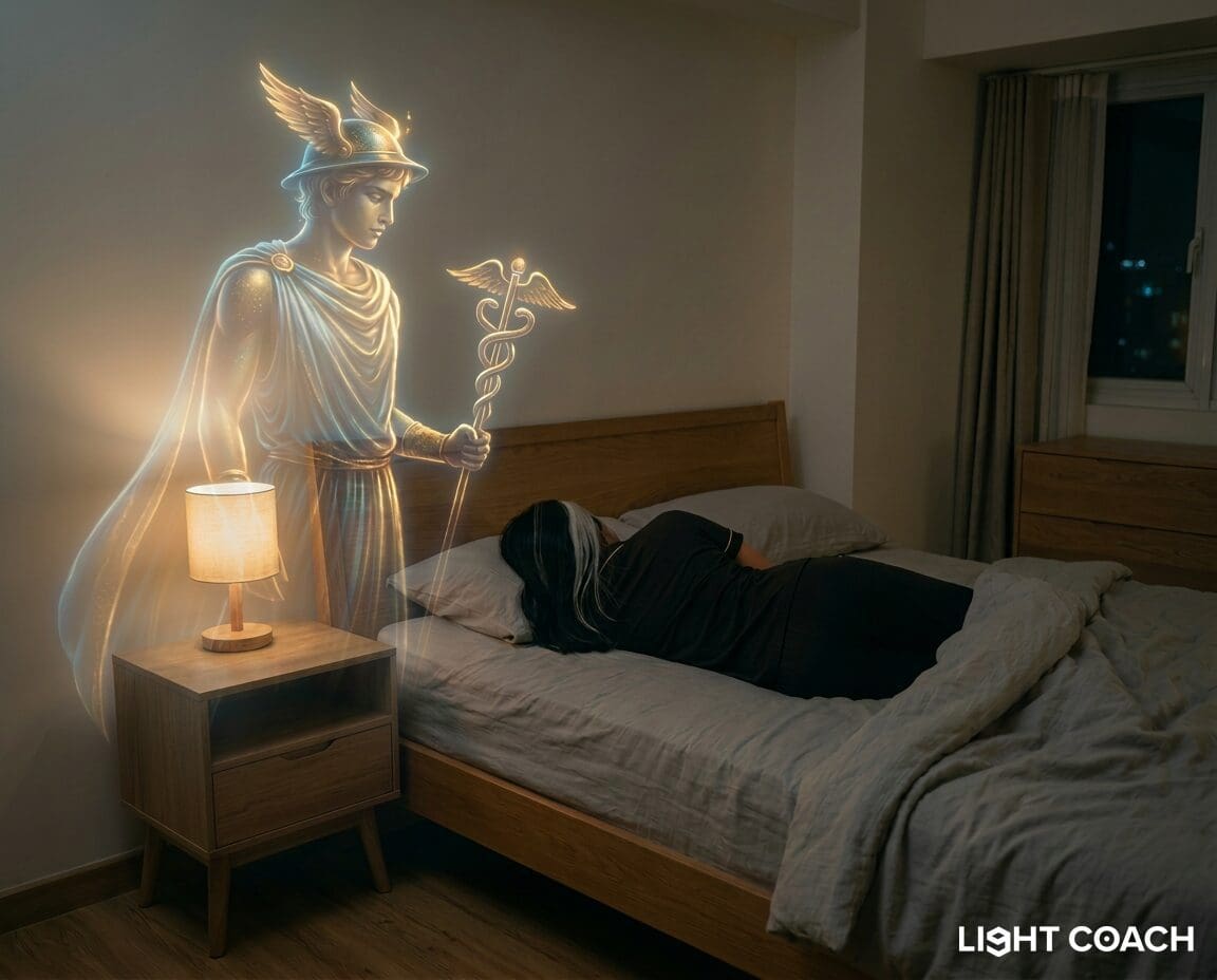 Glowing winged guardian holding caduceus beside sleeping person