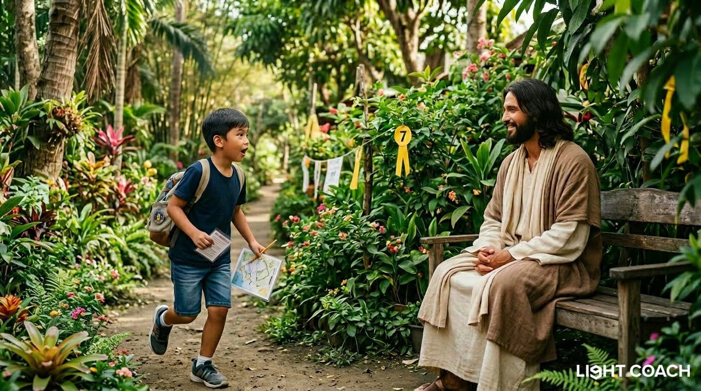 Boy running toward bearded man on garden bench