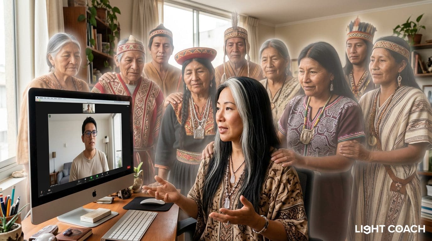 Woman on video call surrounded by elders