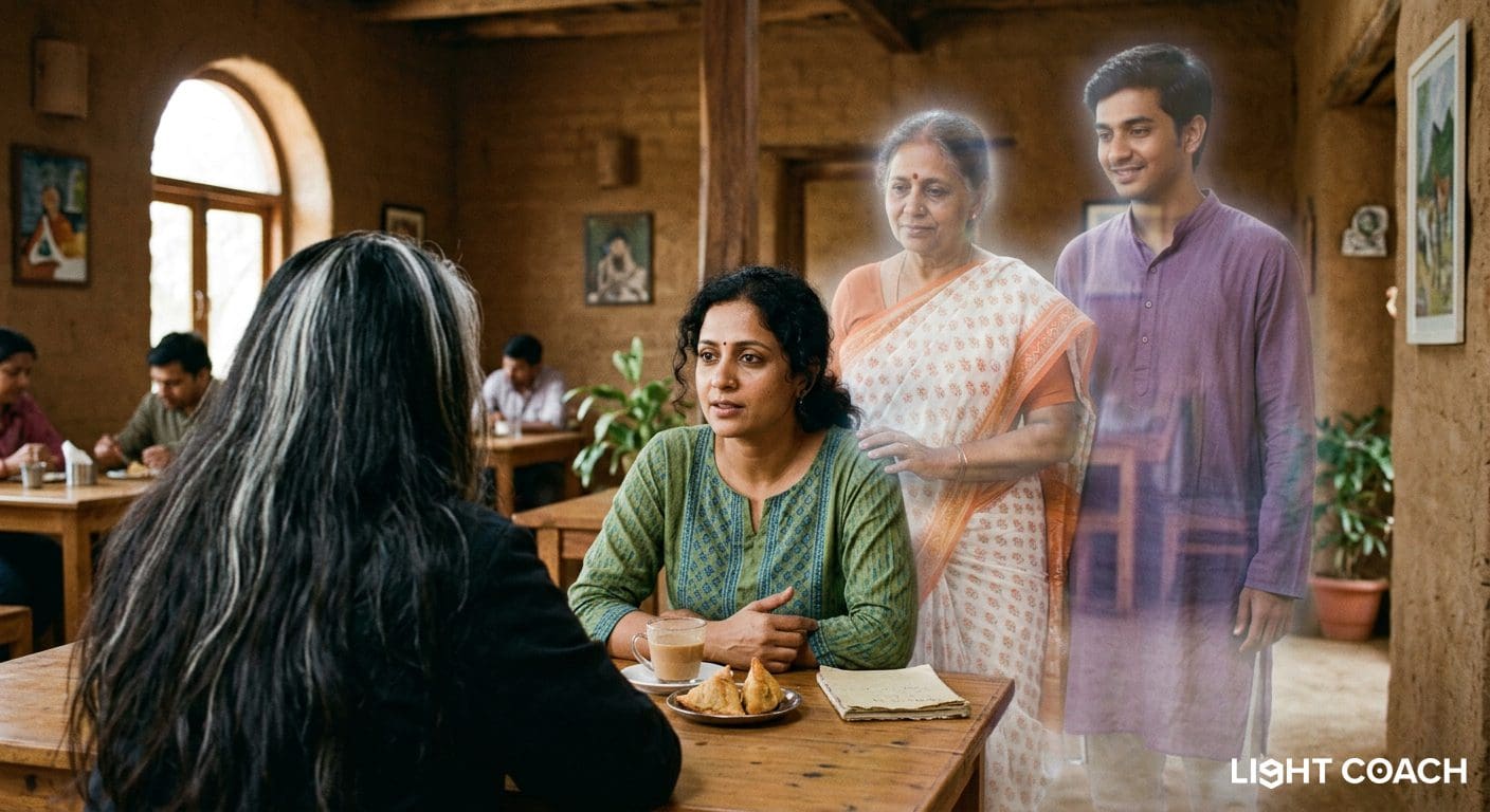 Woman at table with translucent family figures