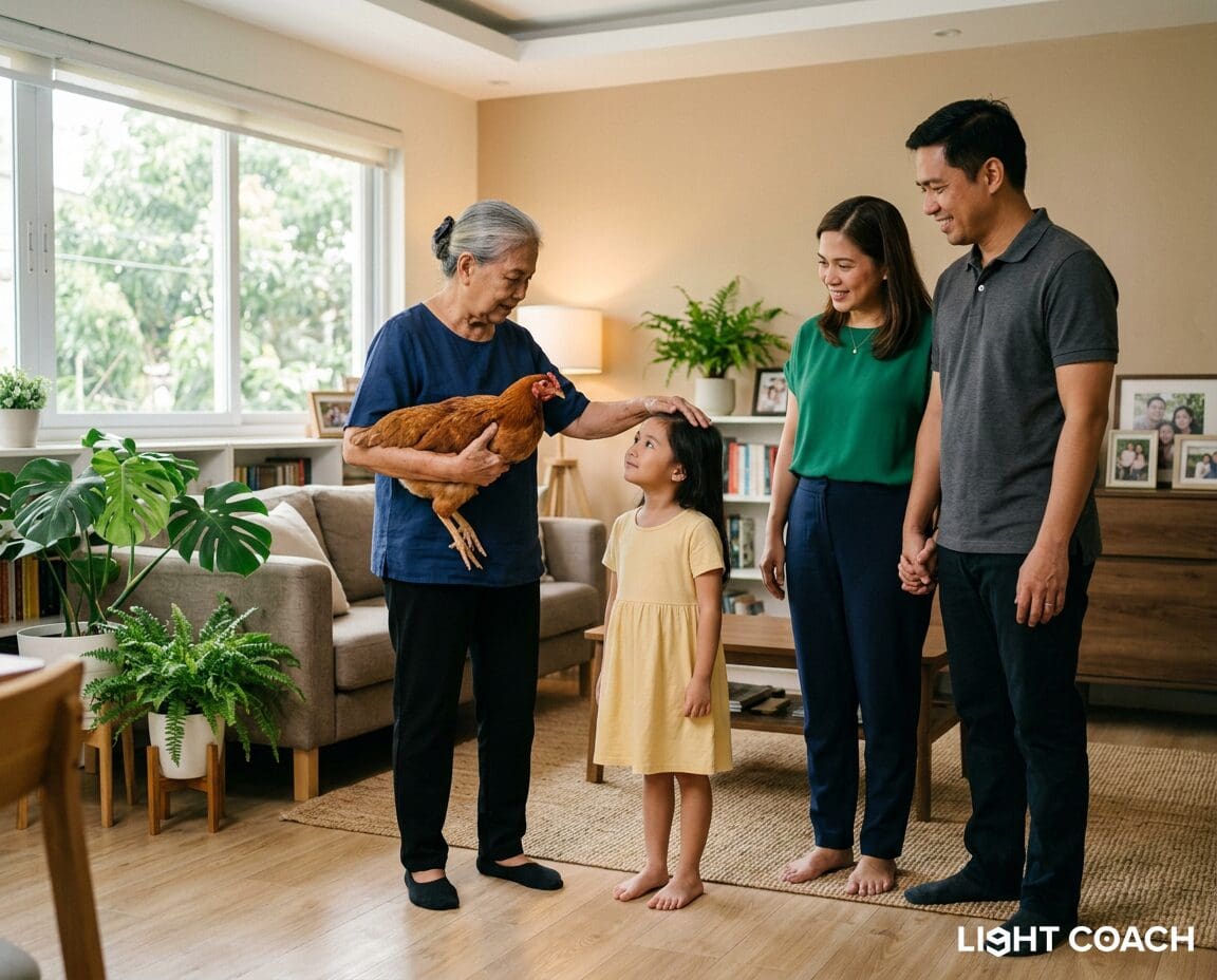 Grandmother holding chicken pats little girl's head