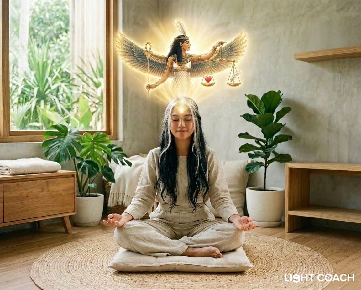 Meditating woman with glowing winged goddess above