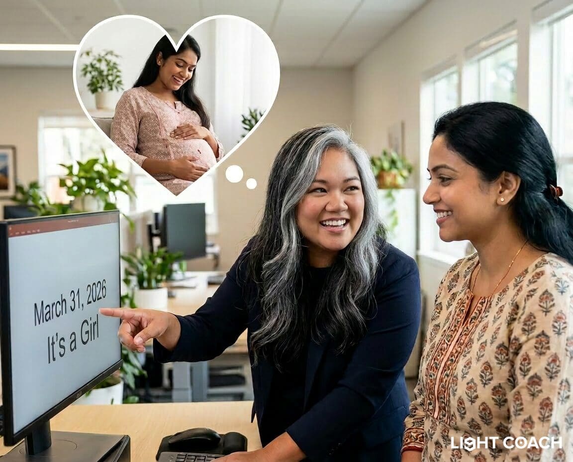 Colleagues smiling at computer pregnancy announcement