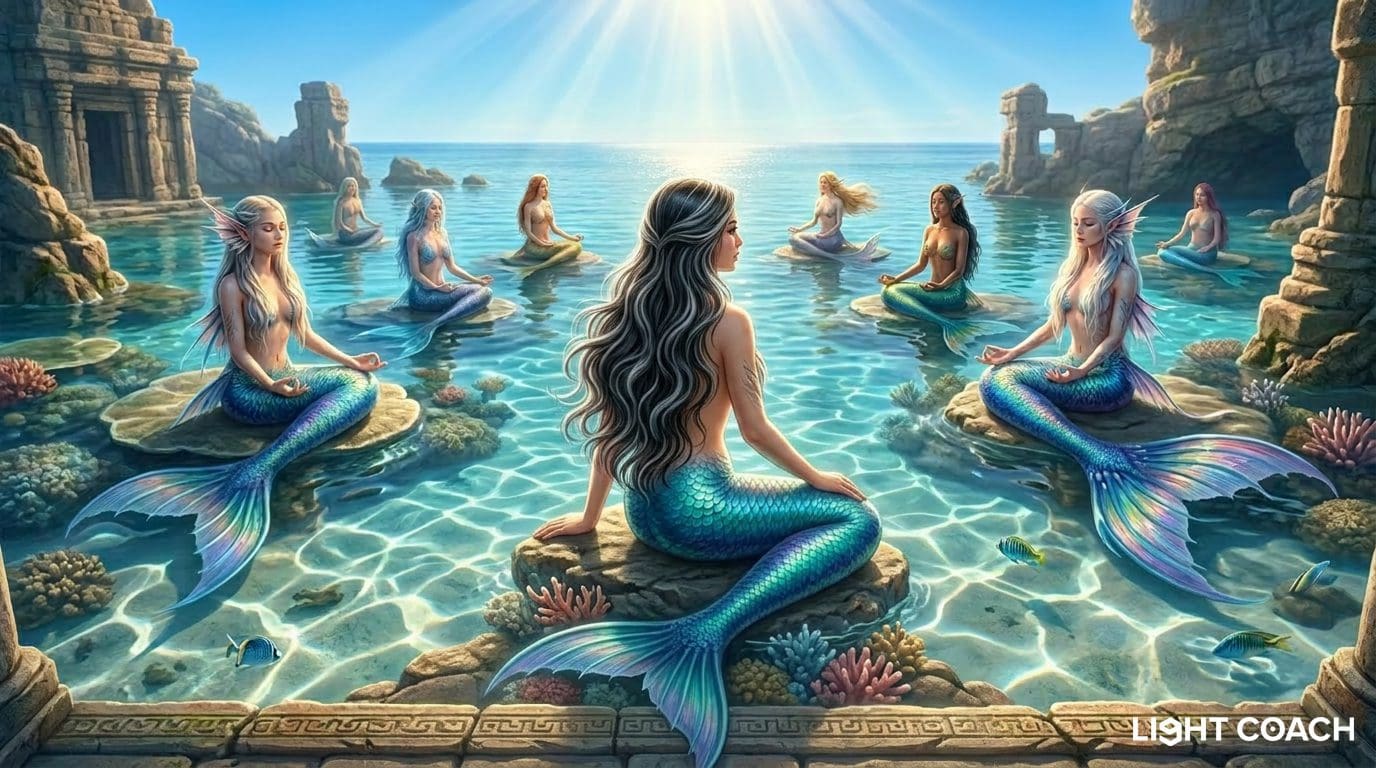 Mermaids meditating on sunlit coastal rocks