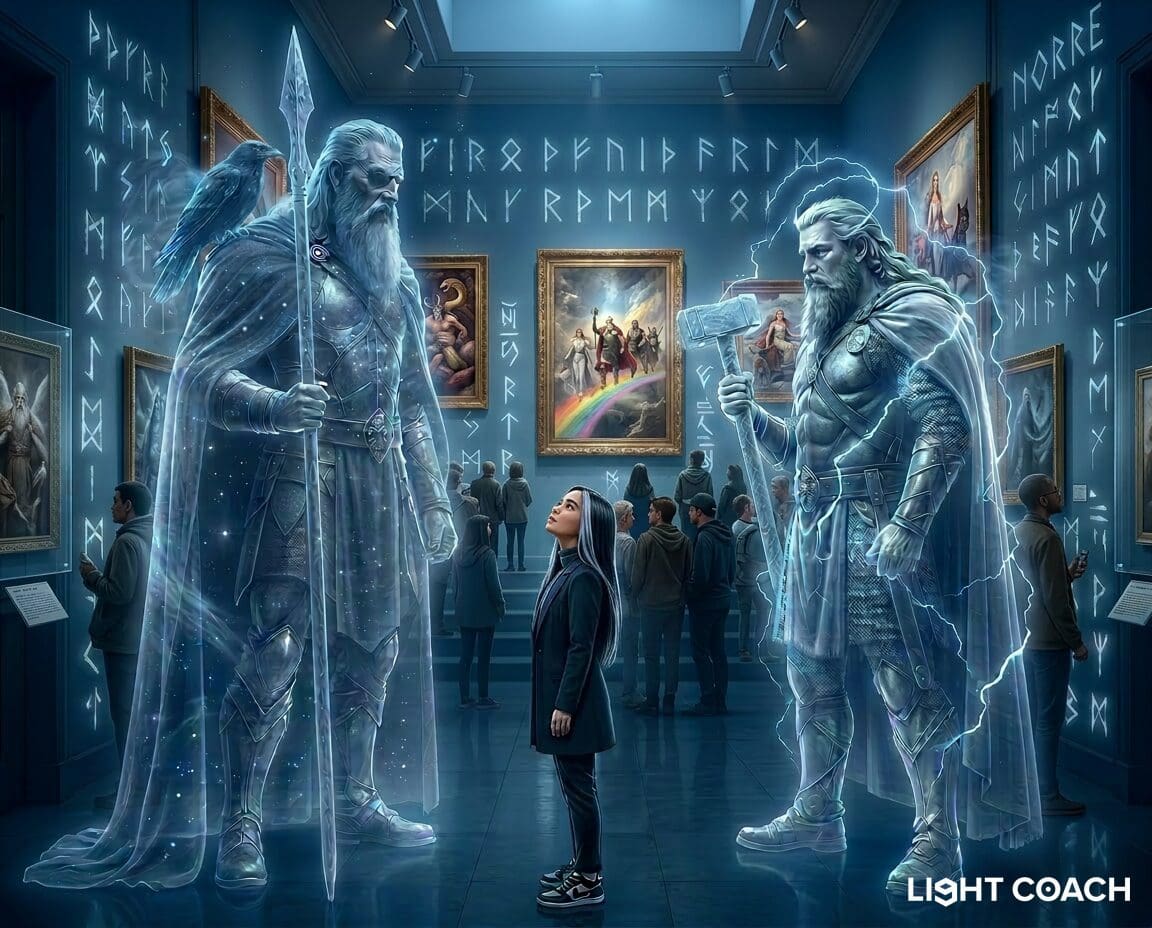 Girl between two ghostly Norse gods