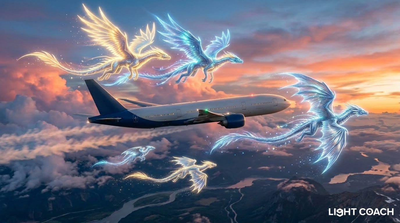 Airplane with glowing winged dragon creatures