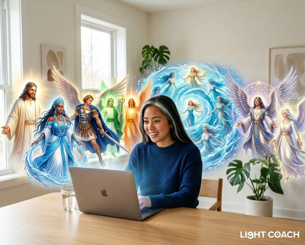 Woman on laptop surrounded by angelic figures