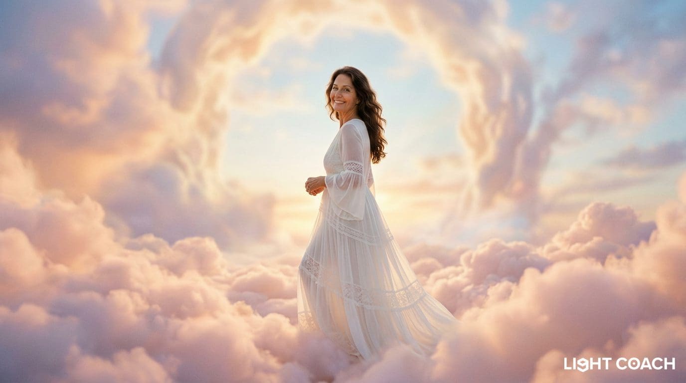 Woman in white dress walking on clouds