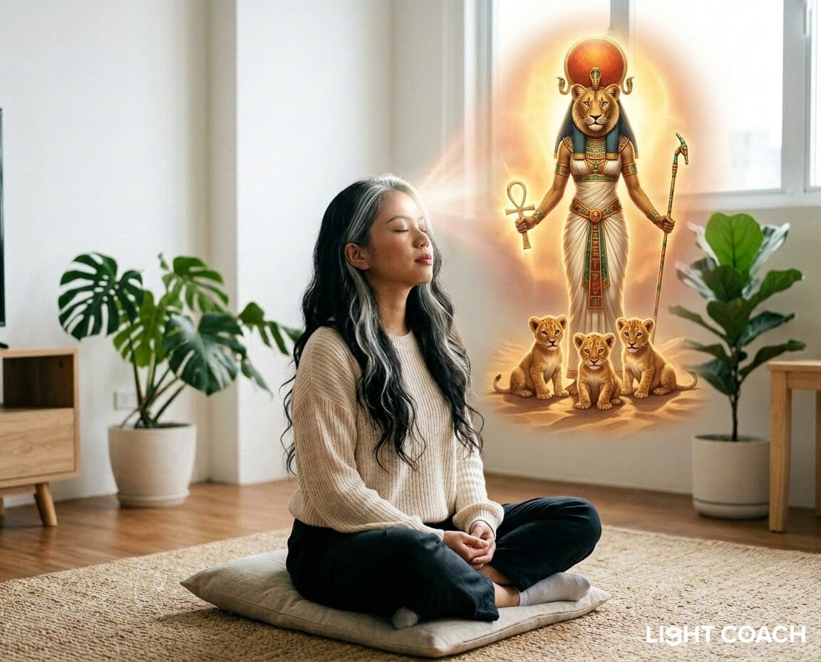 Woman meditating with glowing Egyptian lioness deity