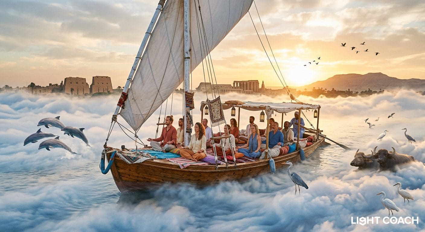 Dolphins leaping beside a morning sailboat