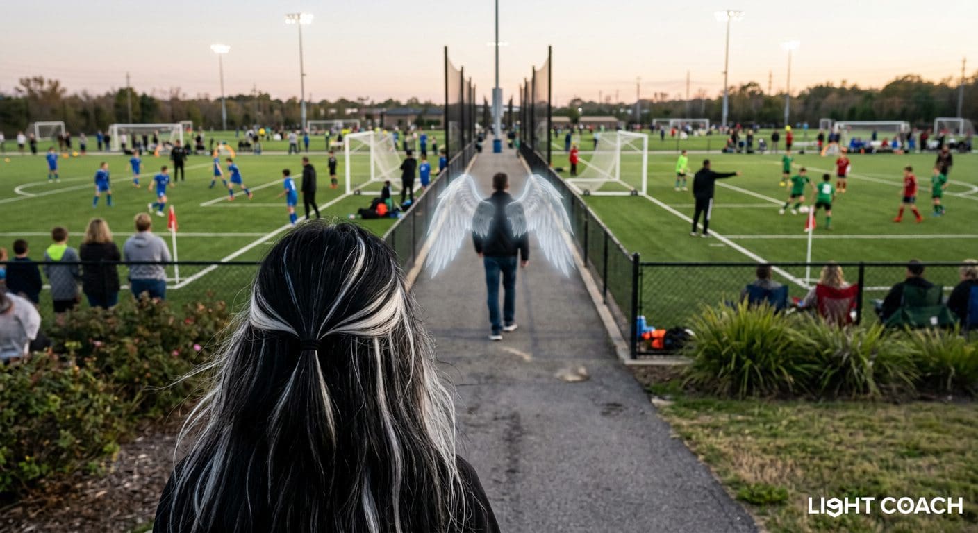 Person with angel wings walking between soccer fields