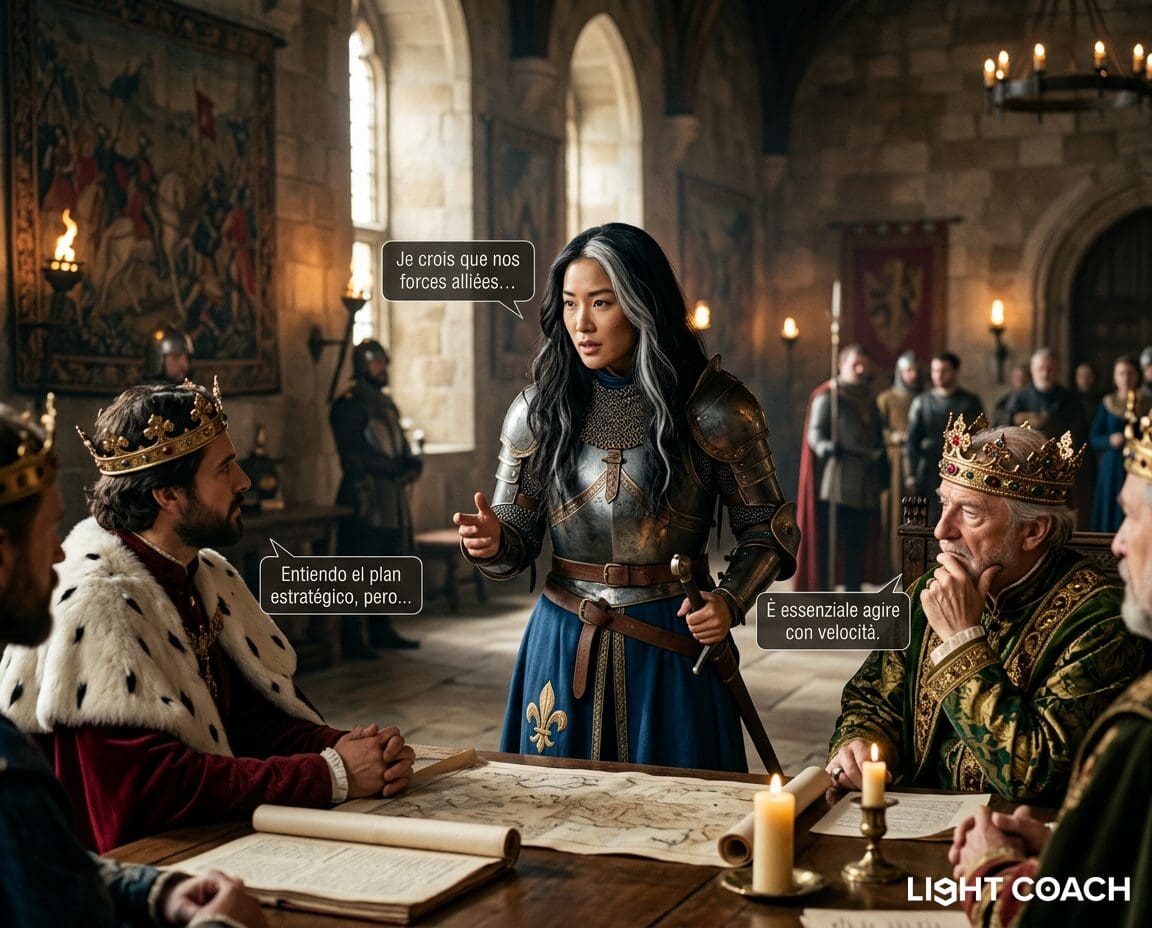 Armored woman advising medieval kings