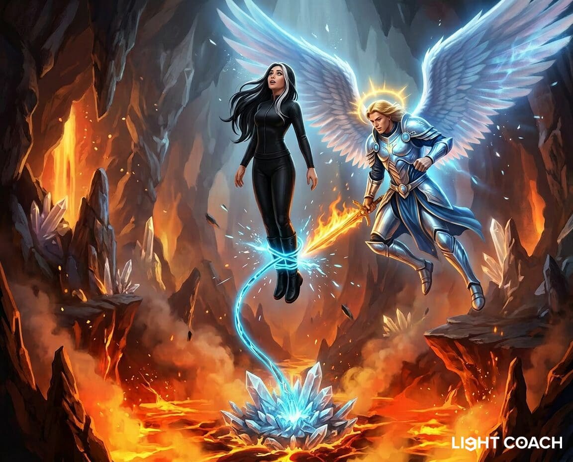 Winged armored angel freeing levitating woman
