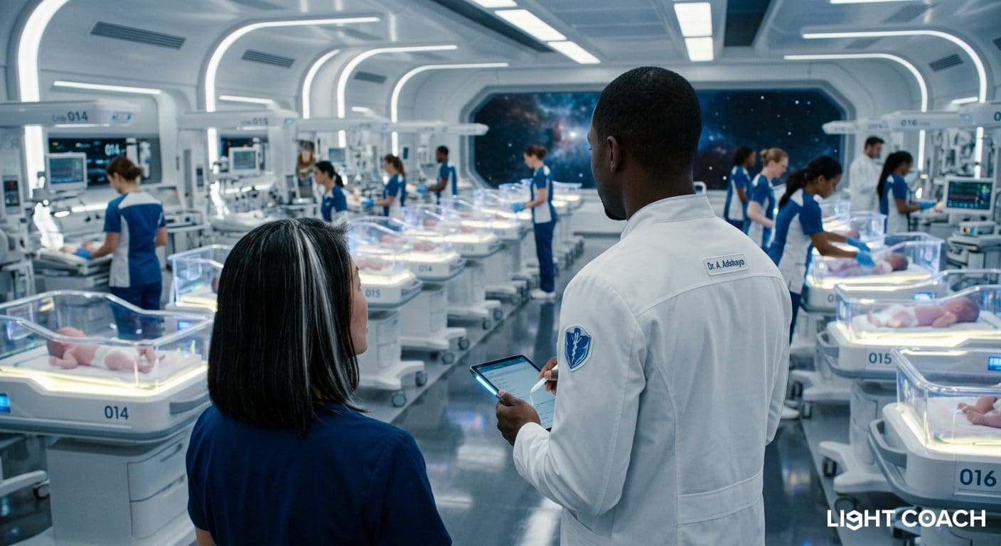 Futuristic neonatal ward with newborns and staff