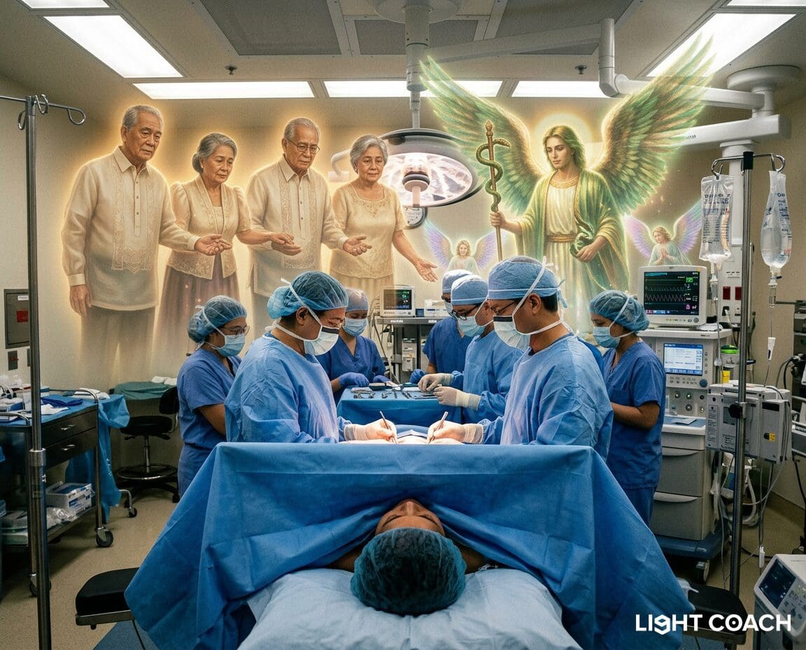 Surgical team operating beneath angelic mural