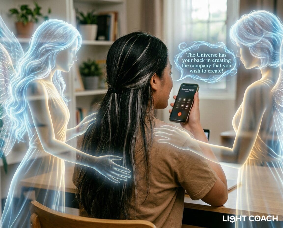 Woman on phone with supportive glowing angels