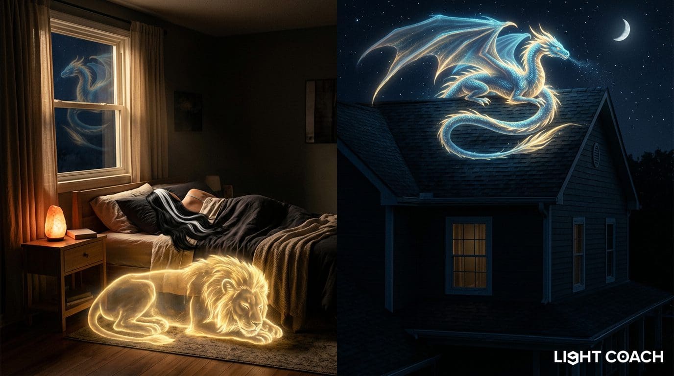 Night scene with glowing lion indoors, dragon outdoors