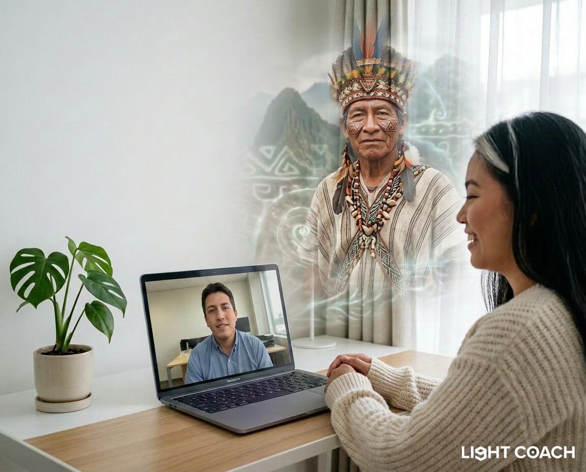 Woman video-calling while ethereal elder appears