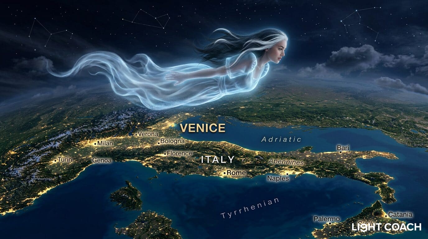 Ethereal woman flying over illuminated Italy map