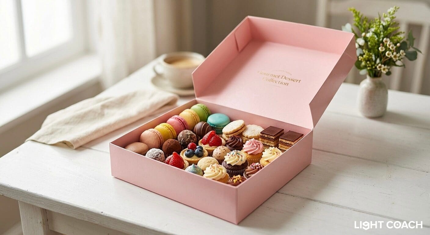 Pink box of macarons and mini desserts
