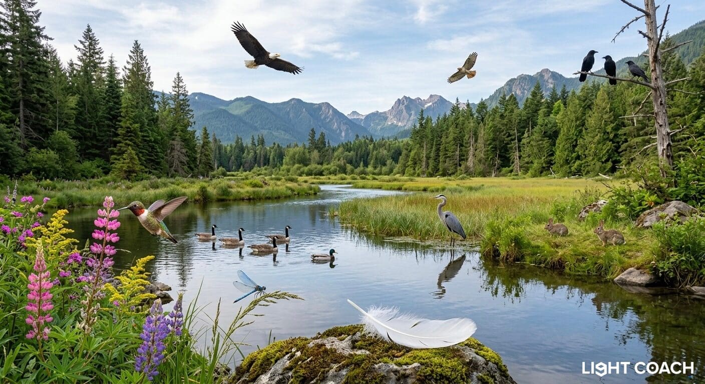 Mountain river with birds and wildflowers