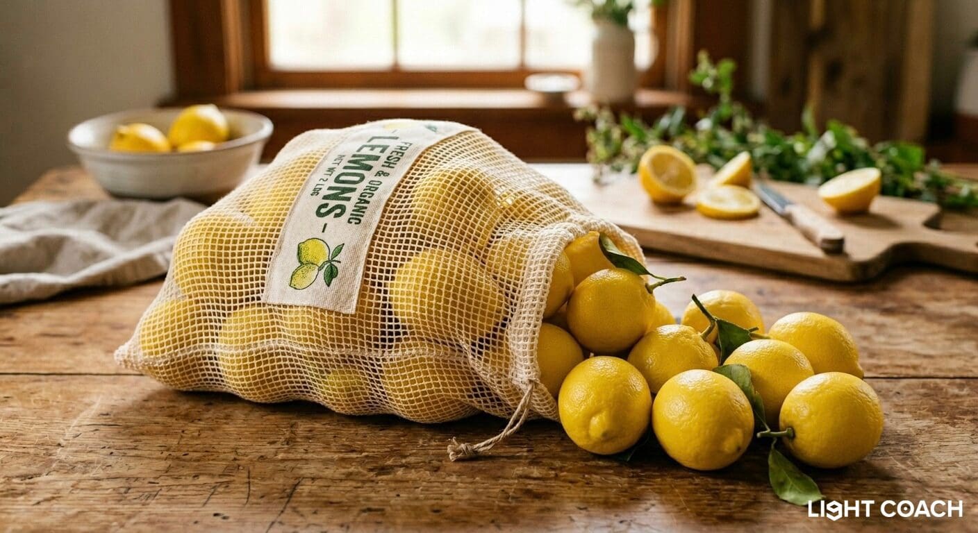 Mesh bag of fresh lemons on table